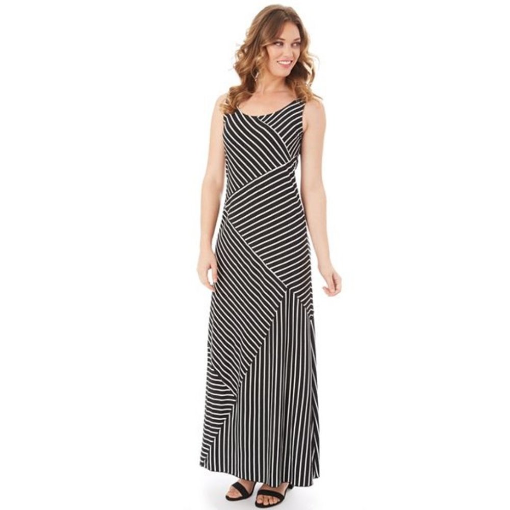 Mixed Stripe Sleeveless Maxi Dress, size Petite Large, Navy and White stripes.